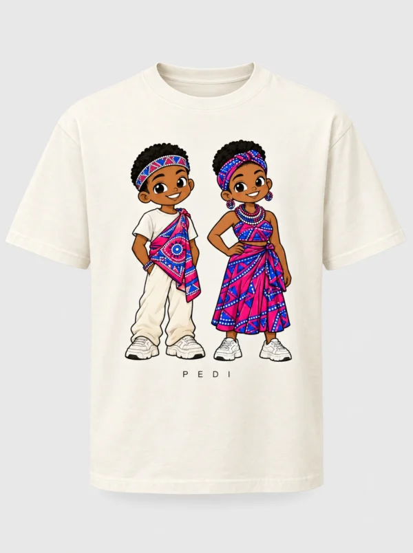 Cream heavyweight t-shirt printed with the Pedi pair of Afroriginal heritage characters