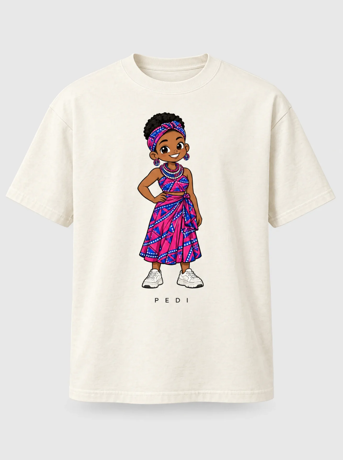 Cream heavyweight t-shirt printed with the Pedi woman character from the Afroriginal heritage series