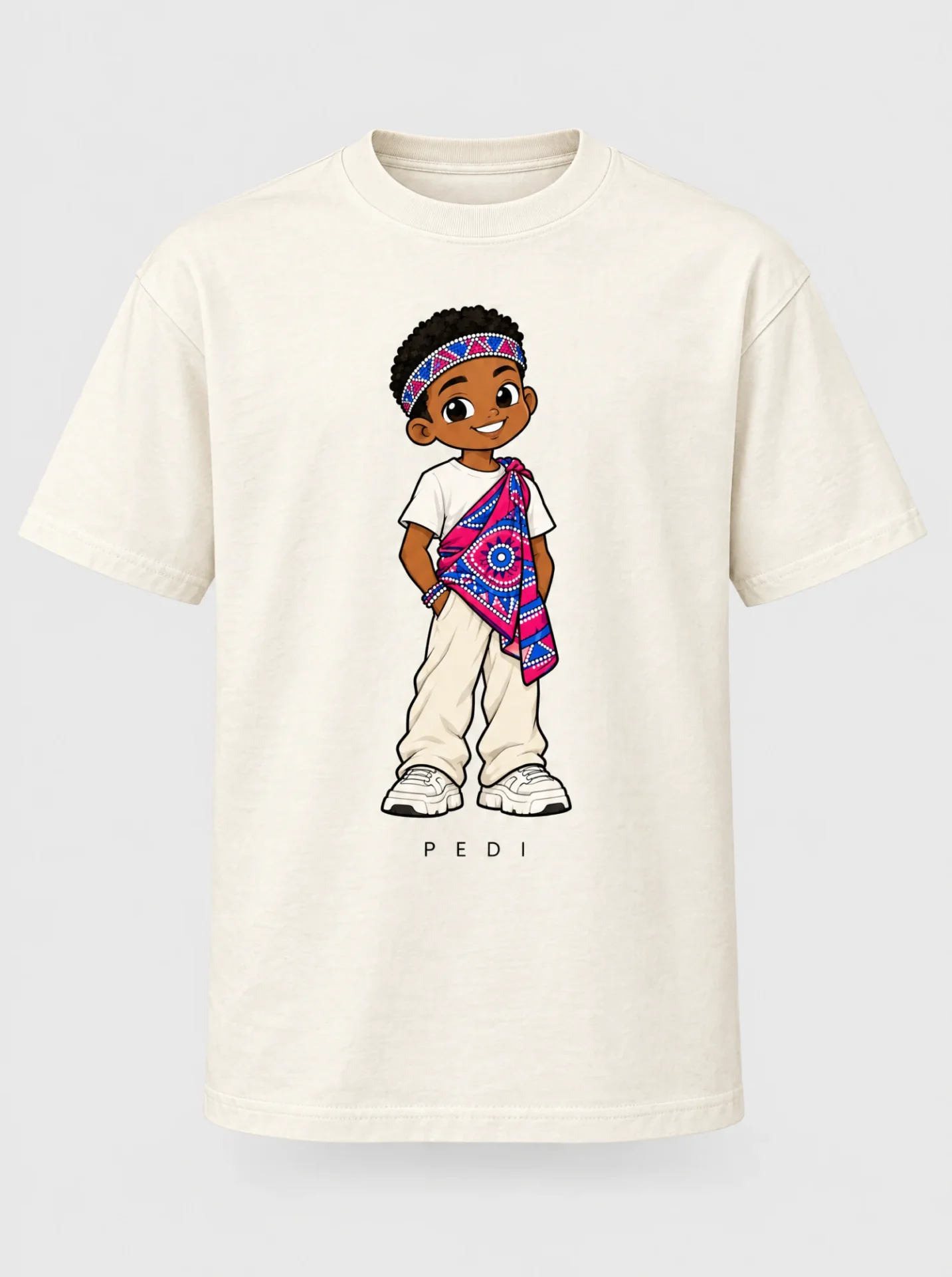 Cream heavyweight t-shirt printed with the Pedi man character from the Afroriginal heritage series