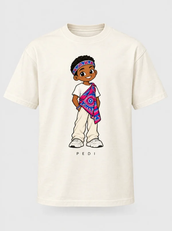 Cream heavyweight t-shirt printed with the Pedi man character from the Afroriginal heritage series