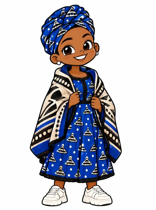 Cartoon illustration of a young Sotho South African woman in traditional dress with modern streetwear