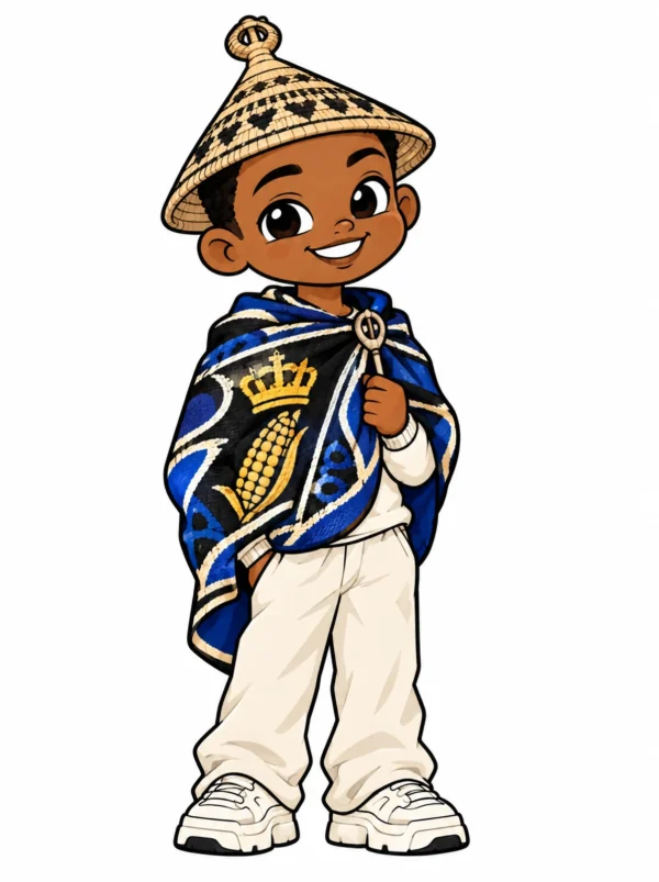 Cartoon illustration of a young Sotho South African man in traditional dress with modern streetwear