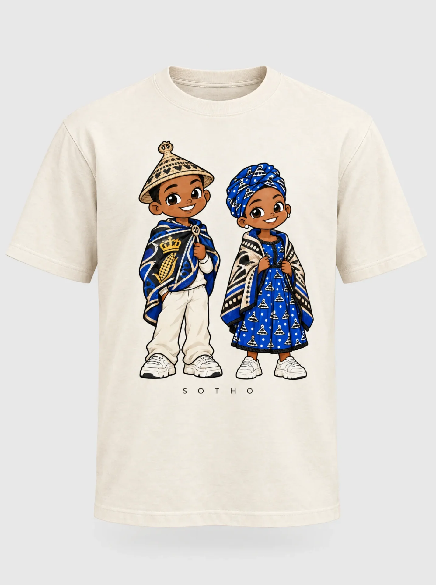 Cream heavyweight t-shirt printed with the Sotho pair of Afroriginal heritage characters