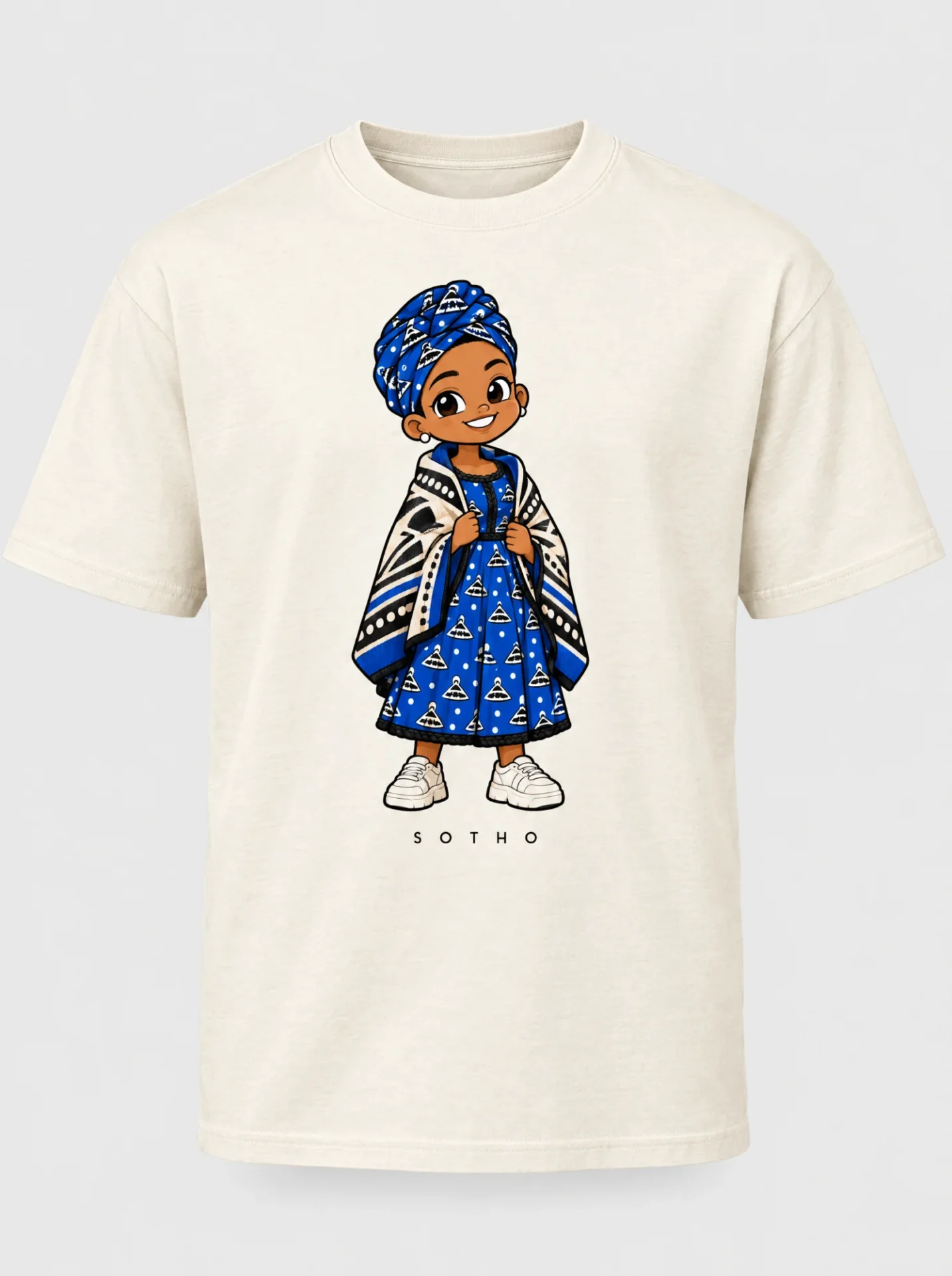 Cream heavyweight t-shirt printed with the Sotho woman character from the Afroriginal heritage series