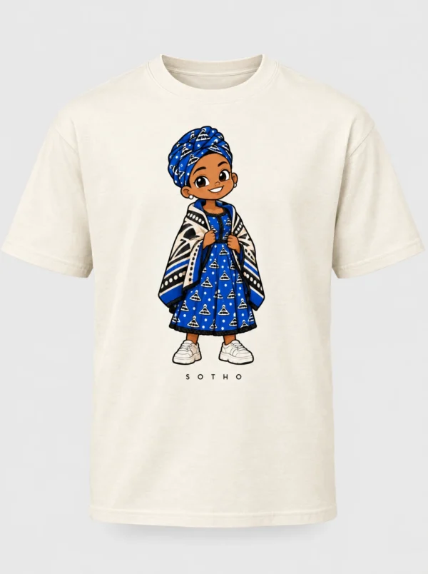 Cream heavyweight t-shirt printed with the Sotho woman character from the Afroriginal heritage series