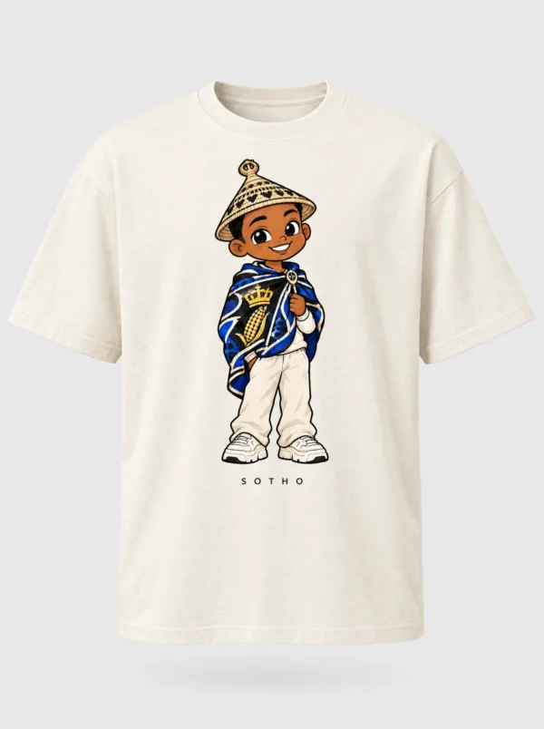 Cream heavyweight t-shirt printed with the Sotho man character from the Afroriginal heritage series