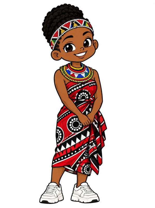 Cartoon illustration of a young Swati South African woman in traditional dress with modern streetwear