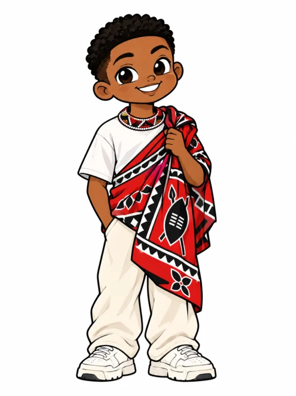 Cartoon illustration of a young Swati South African man in traditional dress with modern streetwear