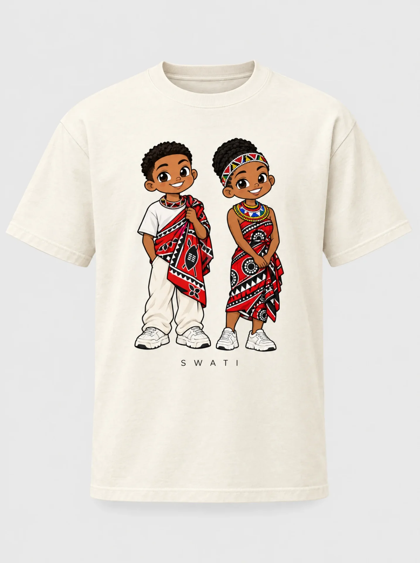 Cream heavyweight t-shirt printed with the Swati pair of Afroriginal heritage characters