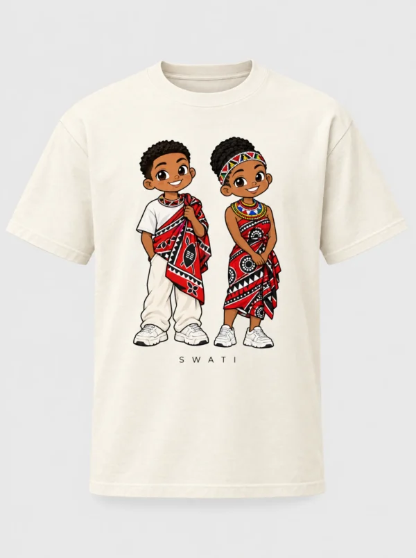 Cream heavyweight t-shirt printed with the Swati pair of Afroriginal heritage characters