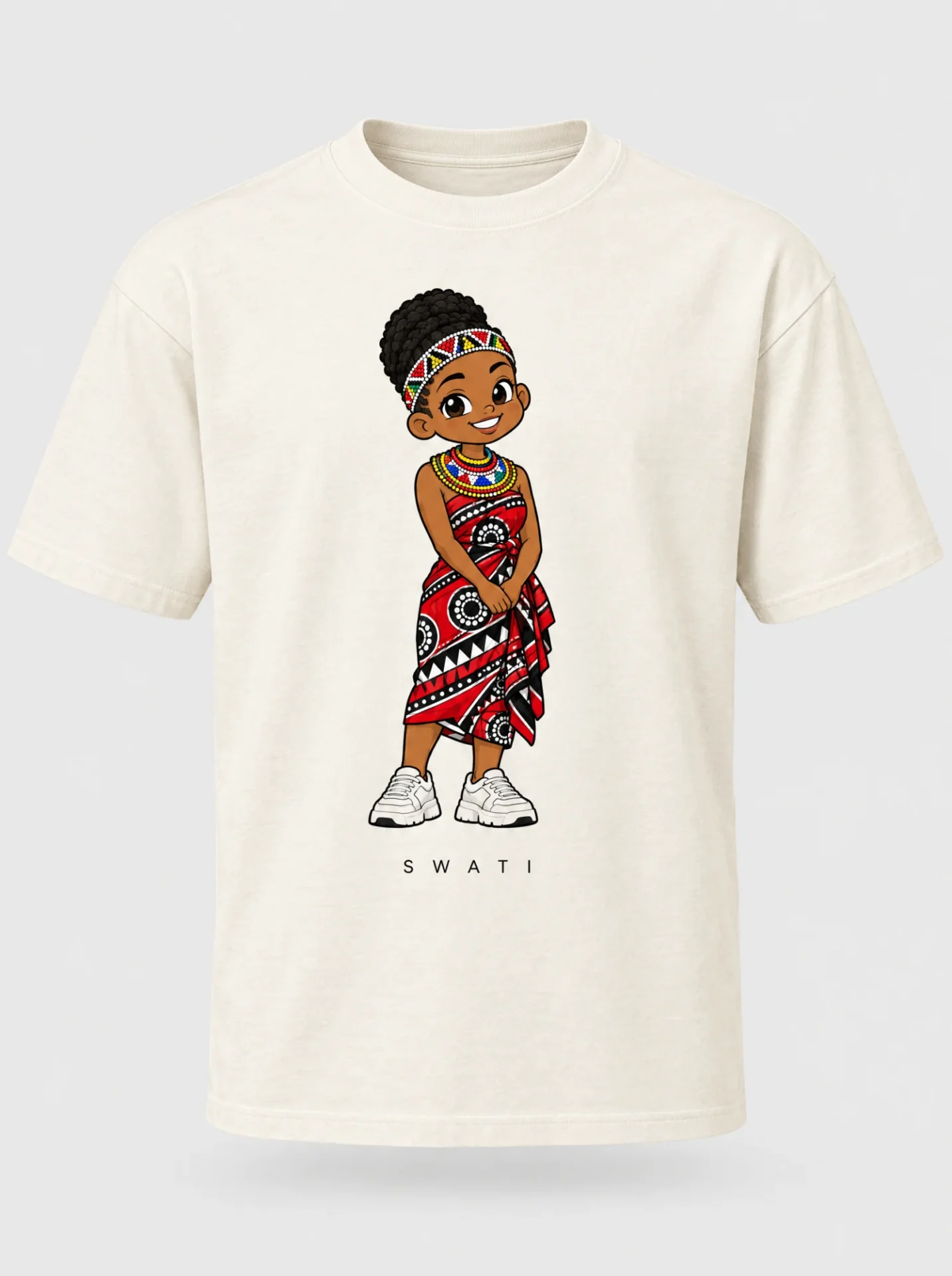 Cream heavyweight t-shirt printed with the Swati woman character from the Afroriginal heritage series