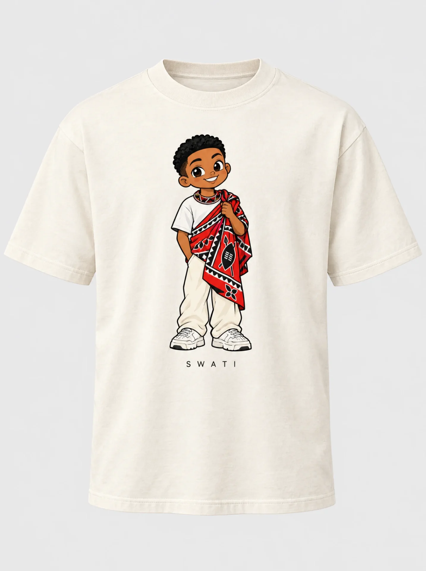 Cream heavyweight t-shirt printed with the Swati man character from the Afroriginal heritage series