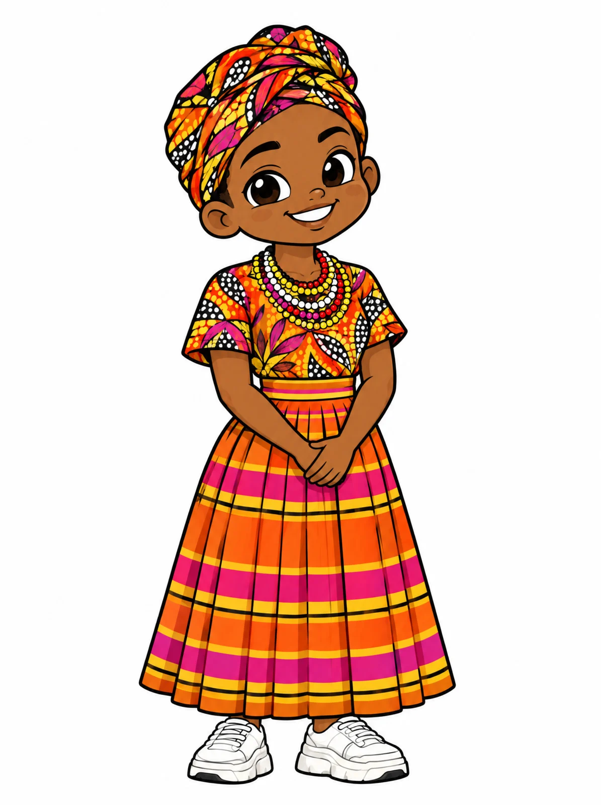 Cartoon illustration of a young Tsonga South African woman in a xibelani skirt and printed blouse with white sneakers