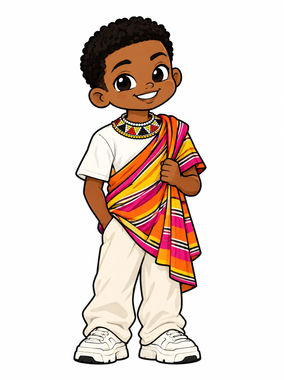 Cartoon illustration of a young Tsonga South African man in traditional dress with modern streetwear
