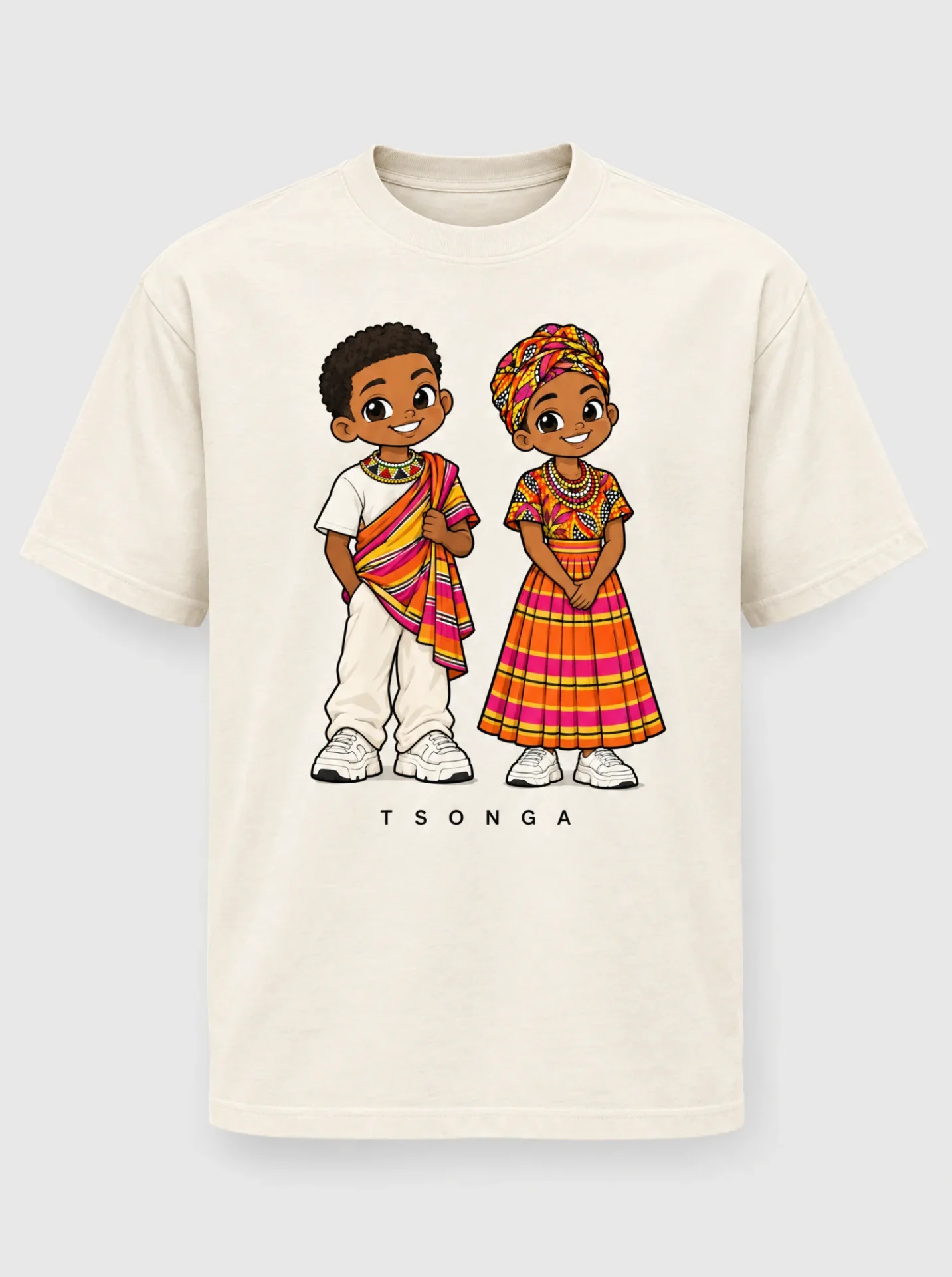 Cream heavyweight t-shirt printed with the Tsonga pair of Afroriginal heritage characters