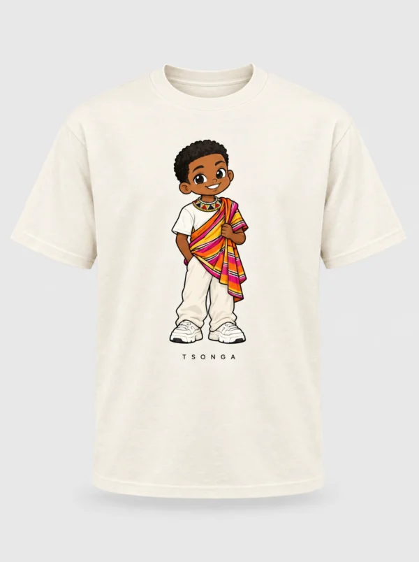 Cream heavyweight t-shirt printed with the Tsonga man character from the Afroriginal heritage series