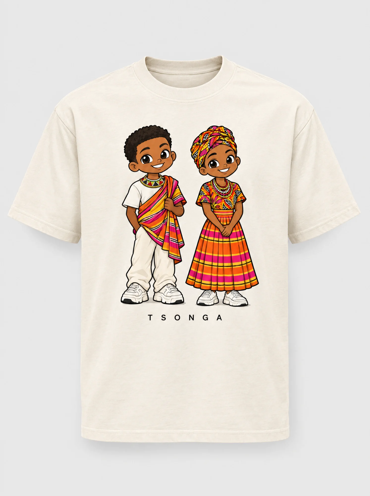 Cream heavyweight t-shirt printed with the Tsonga pair of Afroriginal heritage characters