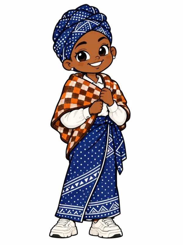 Cartoon illustration of a young Motswana woman in an indigo leteisi wrap skirt, tukwi headwrap and checked mogagolwane shawl with white sneakers