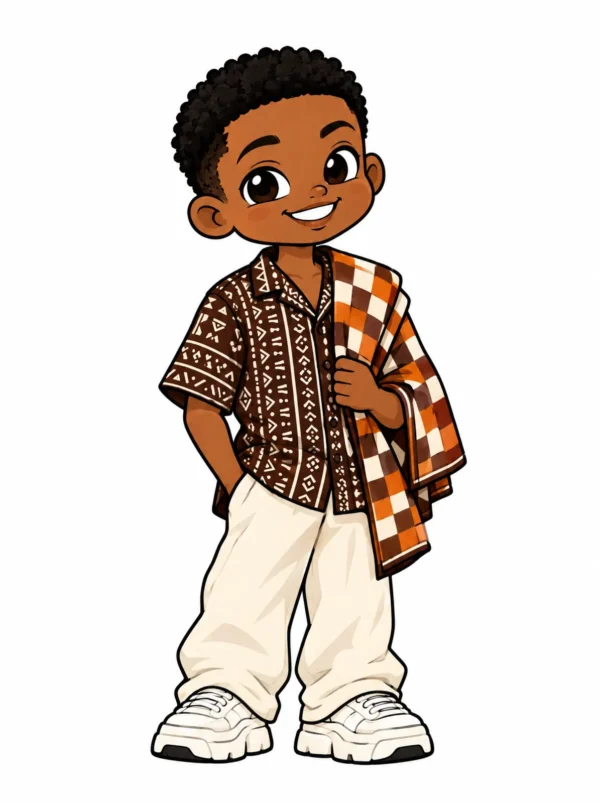 Cartoon illustration of a young Motswana man in a brown leteisi print shirt with a checked mogagolwane shawl and white sneakers