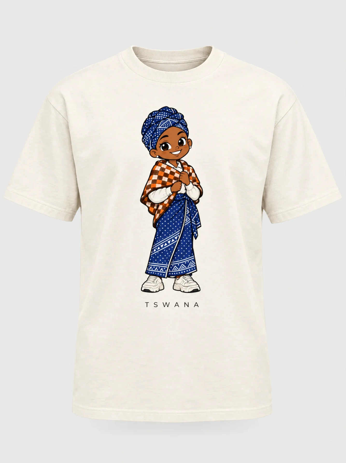 Cream heavyweight t-shirt printed with the Tswana woman character from the Afroriginal heritage series