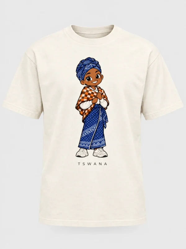 Cream heavyweight t-shirt printed with the Tswana woman character from the Afroriginal heritage series