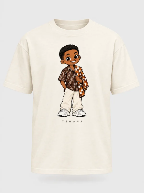 Cream heavyweight t-shirt printed with the Tswana man character from the Afroriginal heritage series