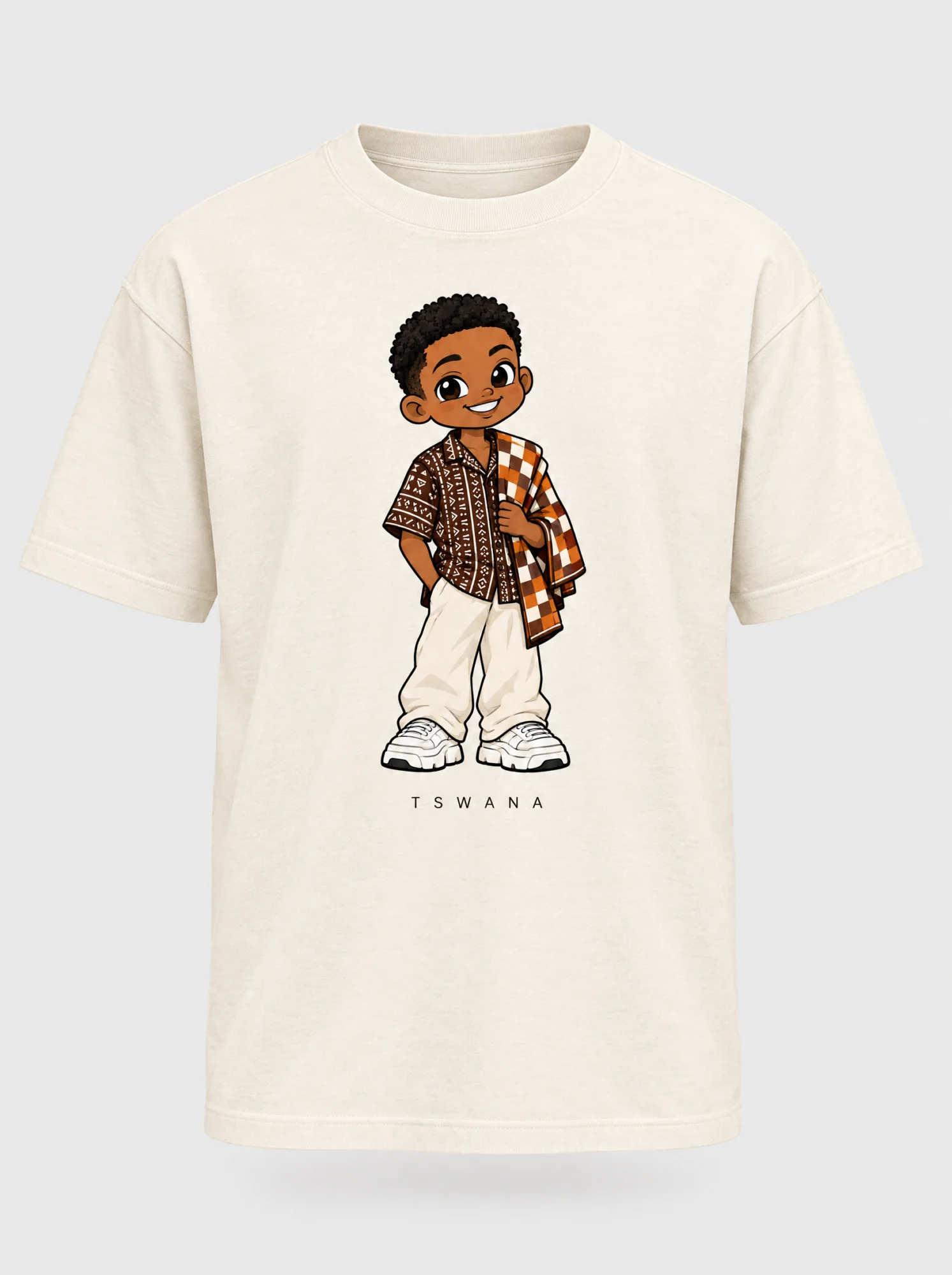 Cream heavyweight t-shirt printed with the Tswana man character from the Afroriginal heritage series