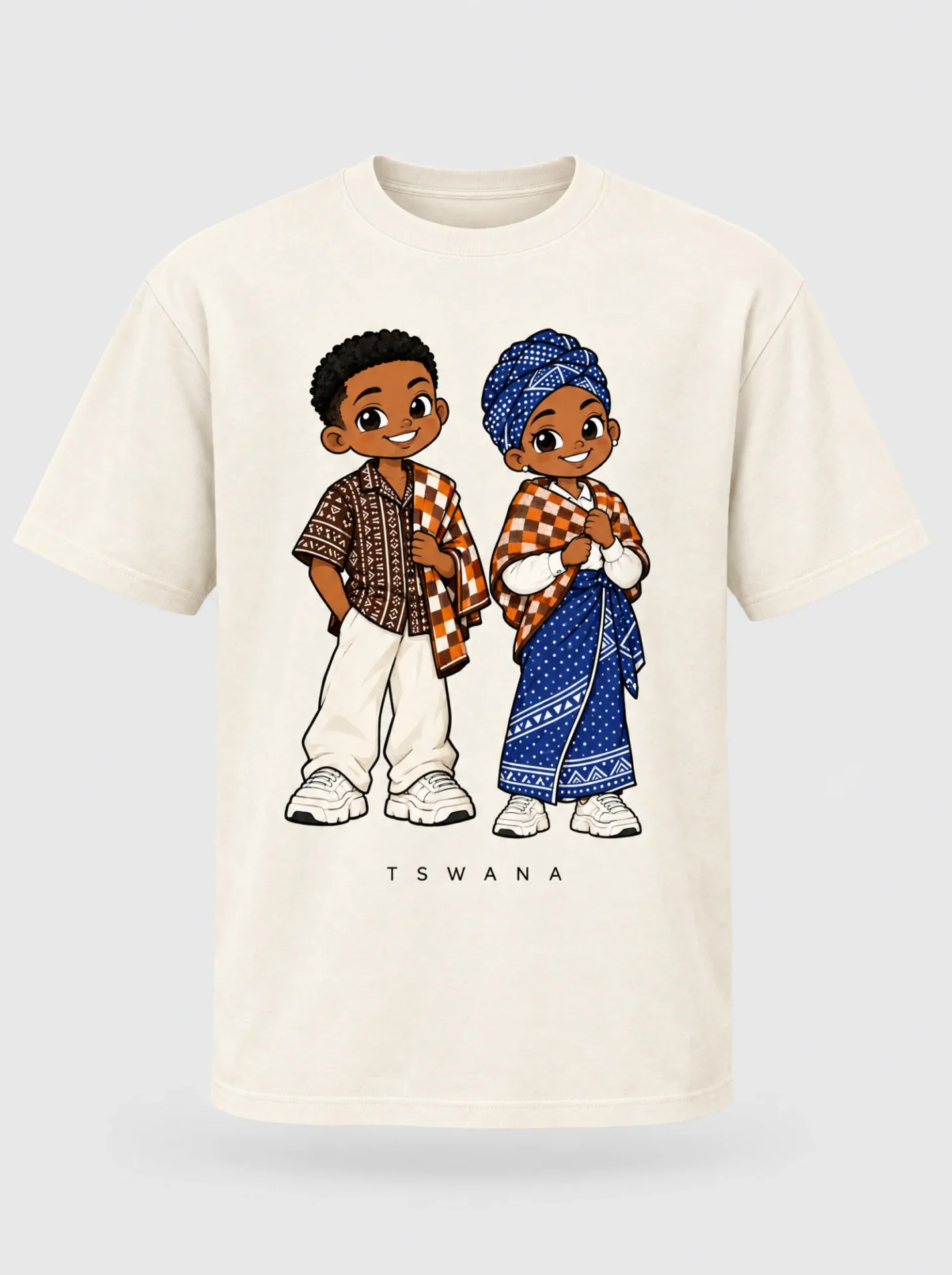 Cream heavyweight t-shirt printed with the Tswana pair of Afroriginal heritage characters