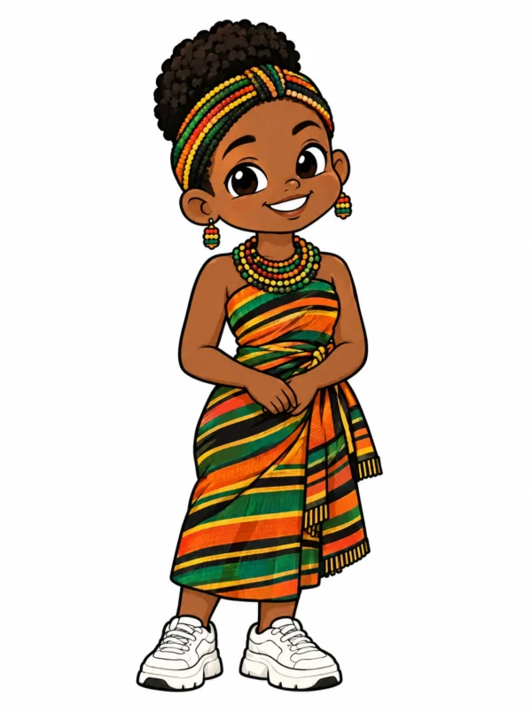 Cartoon illustration of a young Venda South African woman in traditional dress with modern streetwear