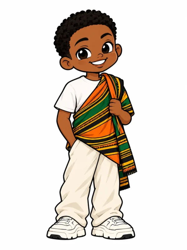 Cartoon illustration of a young Venda South African man in traditional dress with modern streetwear