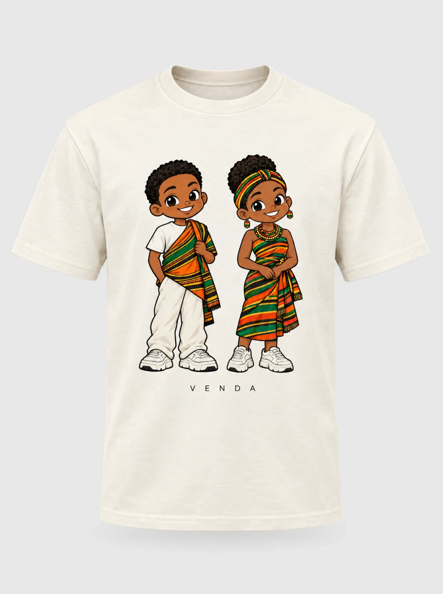 Cream heavyweight t-shirt printed with the Venda pair of Afroriginal heritage characters