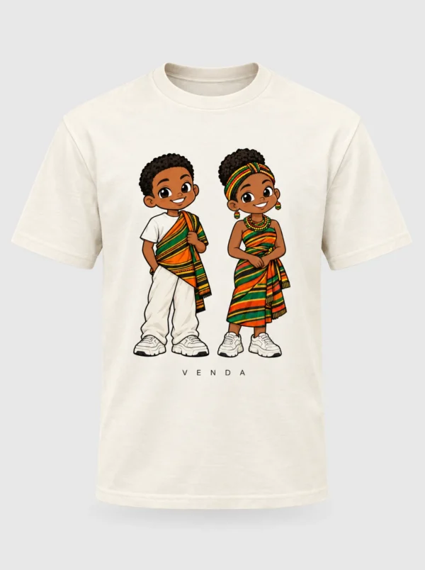 Cream heavyweight t-shirt printed with the Venda pair of Afroriginal heritage characters