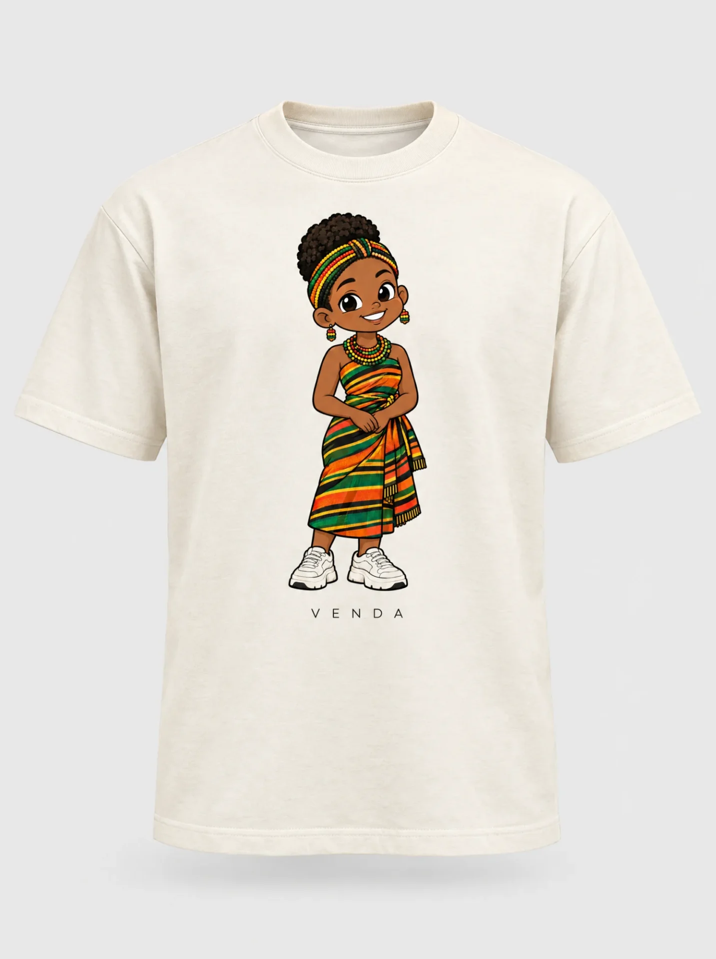 Cream heavyweight t-shirt printed with the Venda woman character from the Afroriginal heritage series