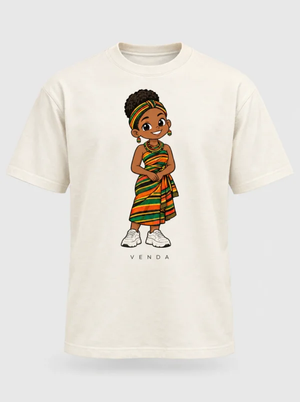 Cream heavyweight t-shirt printed with the Venda woman character from the Afroriginal heritage series