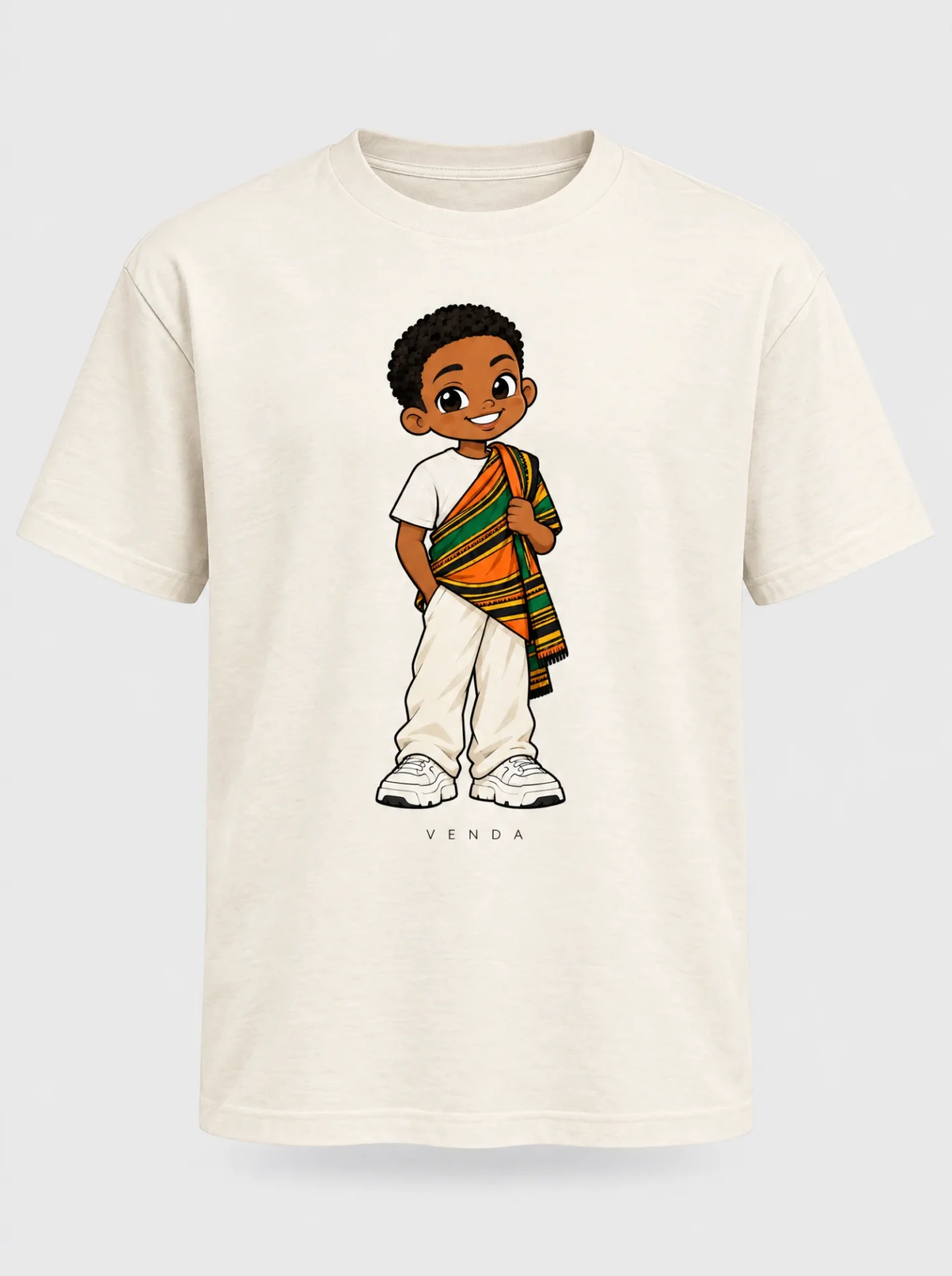 Cream heavyweight t-shirt printed with the Venda man character from the Afroriginal heritage series