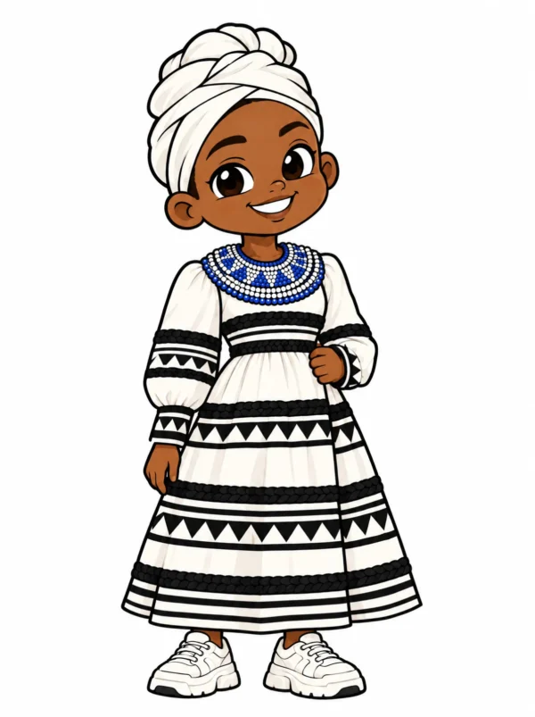 Cartoon illustration of a young Xhosa South African woman in a printed wrap dress and white headwrap with white sneakers