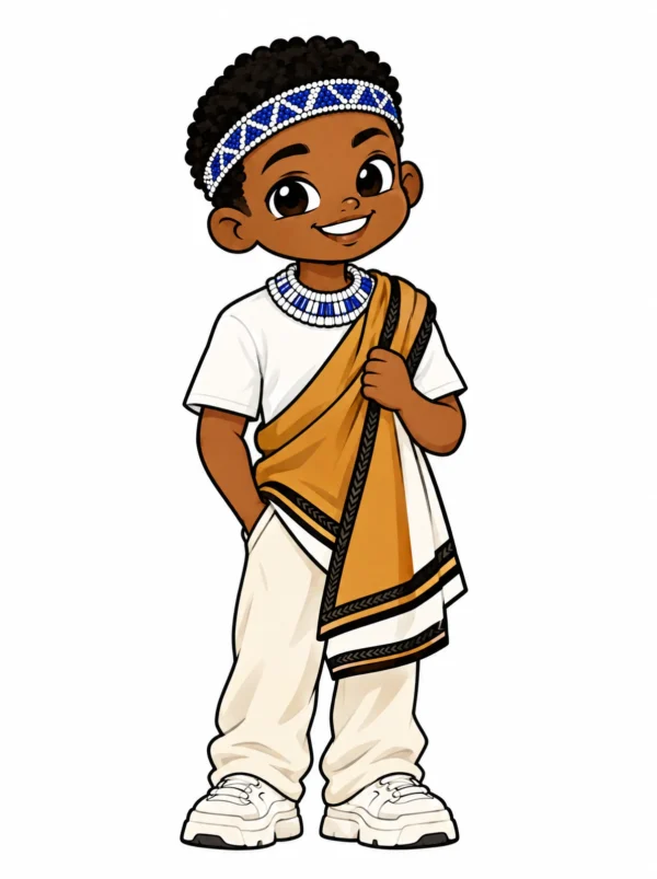 Cartoon illustration of a young Xhosa South African man in a blanket cloth and beaded necklace with white sneakers
