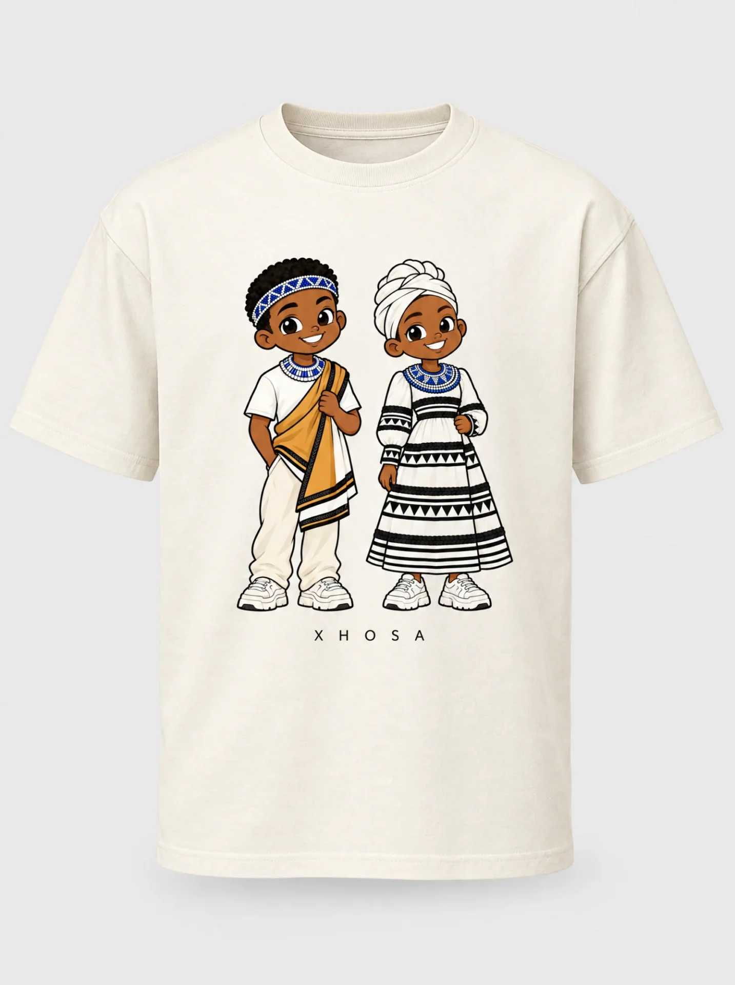 Cream heavyweight t-shirt printed with the Xhosa pair of Afroriginal heritage characters