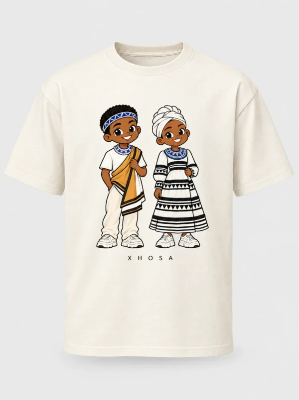 Cream heavyweight t-shirt printed with the Xhosa pair of Afroriginal heritage characters