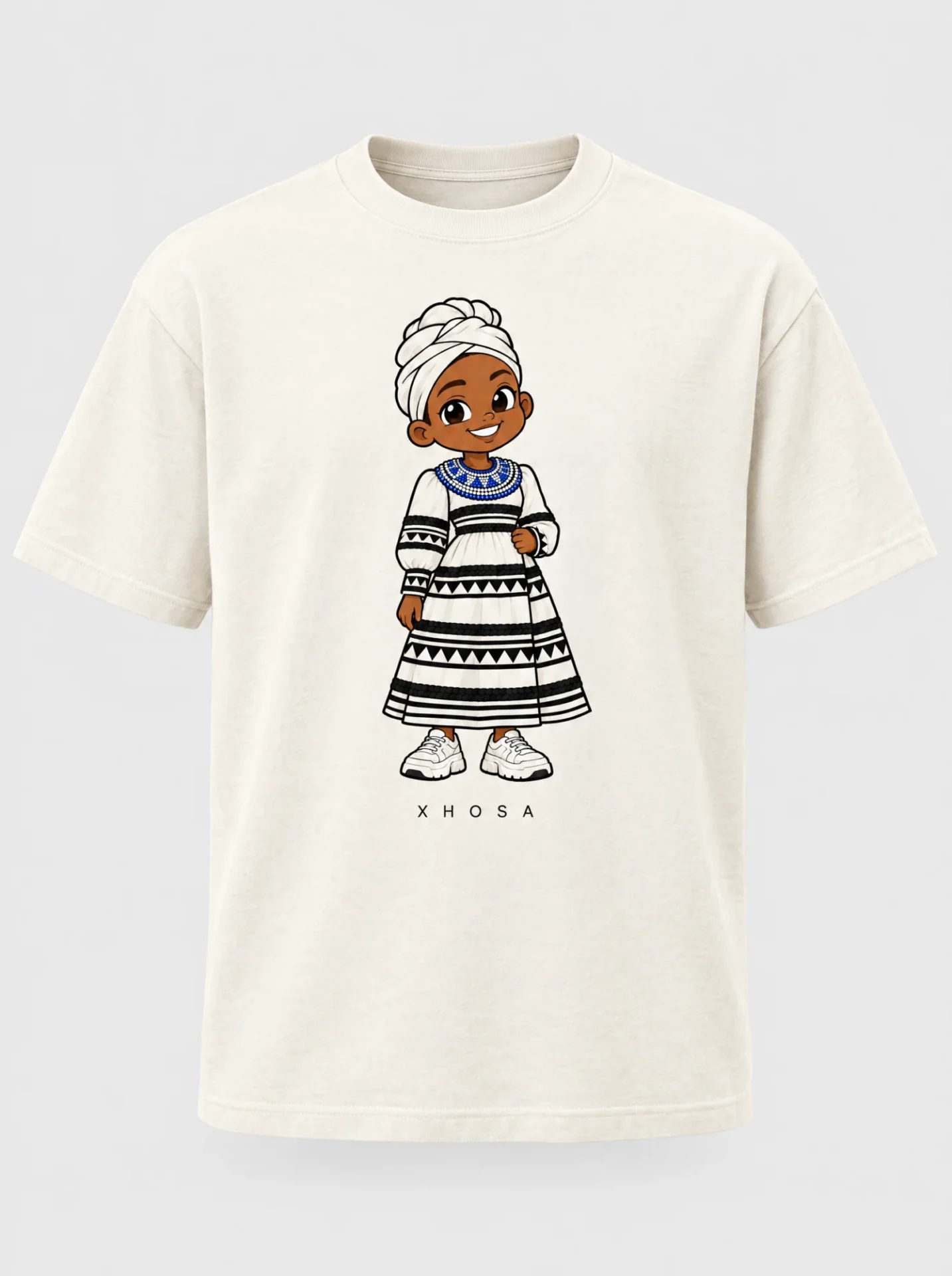 Cream heavyweight t-shirt printed with the Xhosa woman character from the Afroriginal heritage series