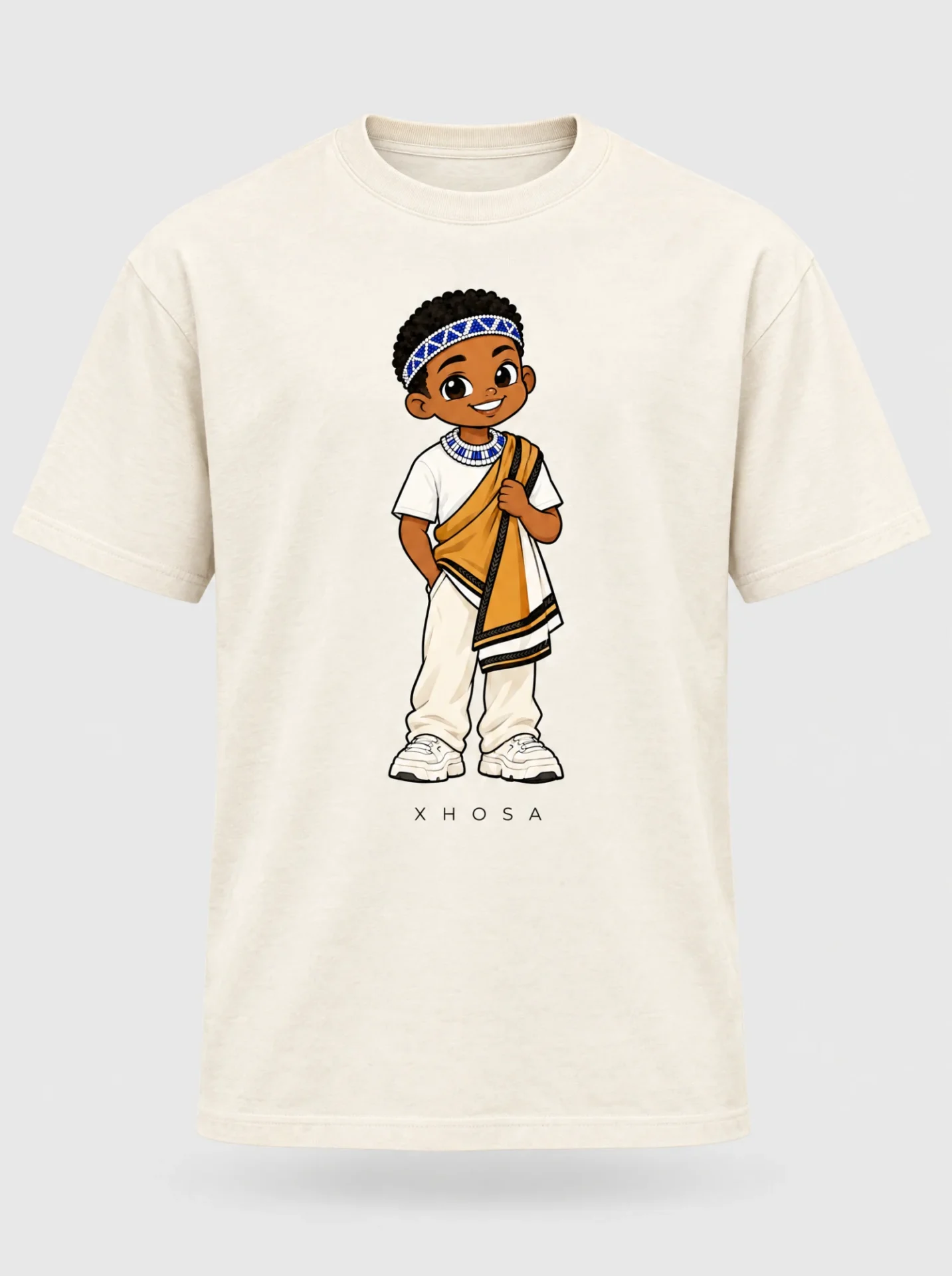 Cream heavyweight t-shirt printed with the Xhosa man character from the Afroriginal heritage series