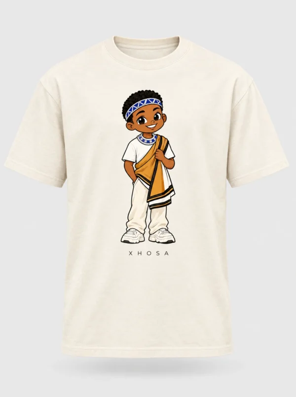 Cream heavyweight t-shirt printed with the Xhosa man character from the Afroriginal heritage series