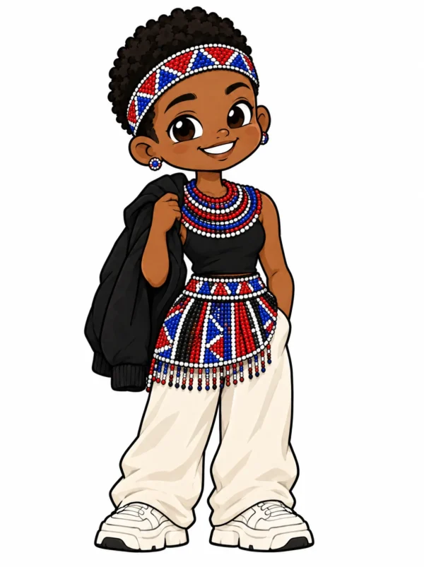 Cartoon illustration of a young Zulu South African woman in traditional dress with modern streetwear
