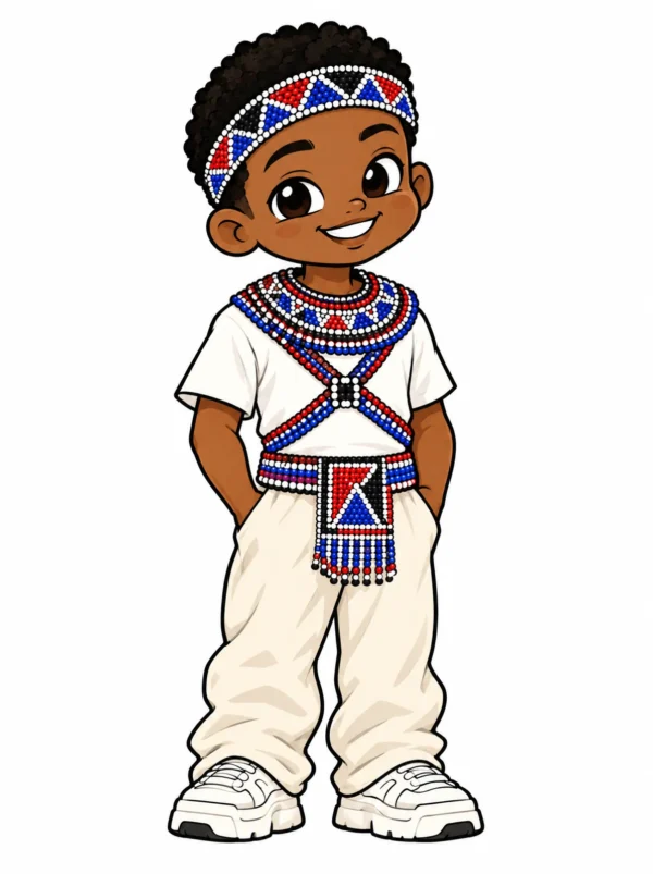 Cartoon illustration of a young Zulu South African man in traditional dress with modern streetwear