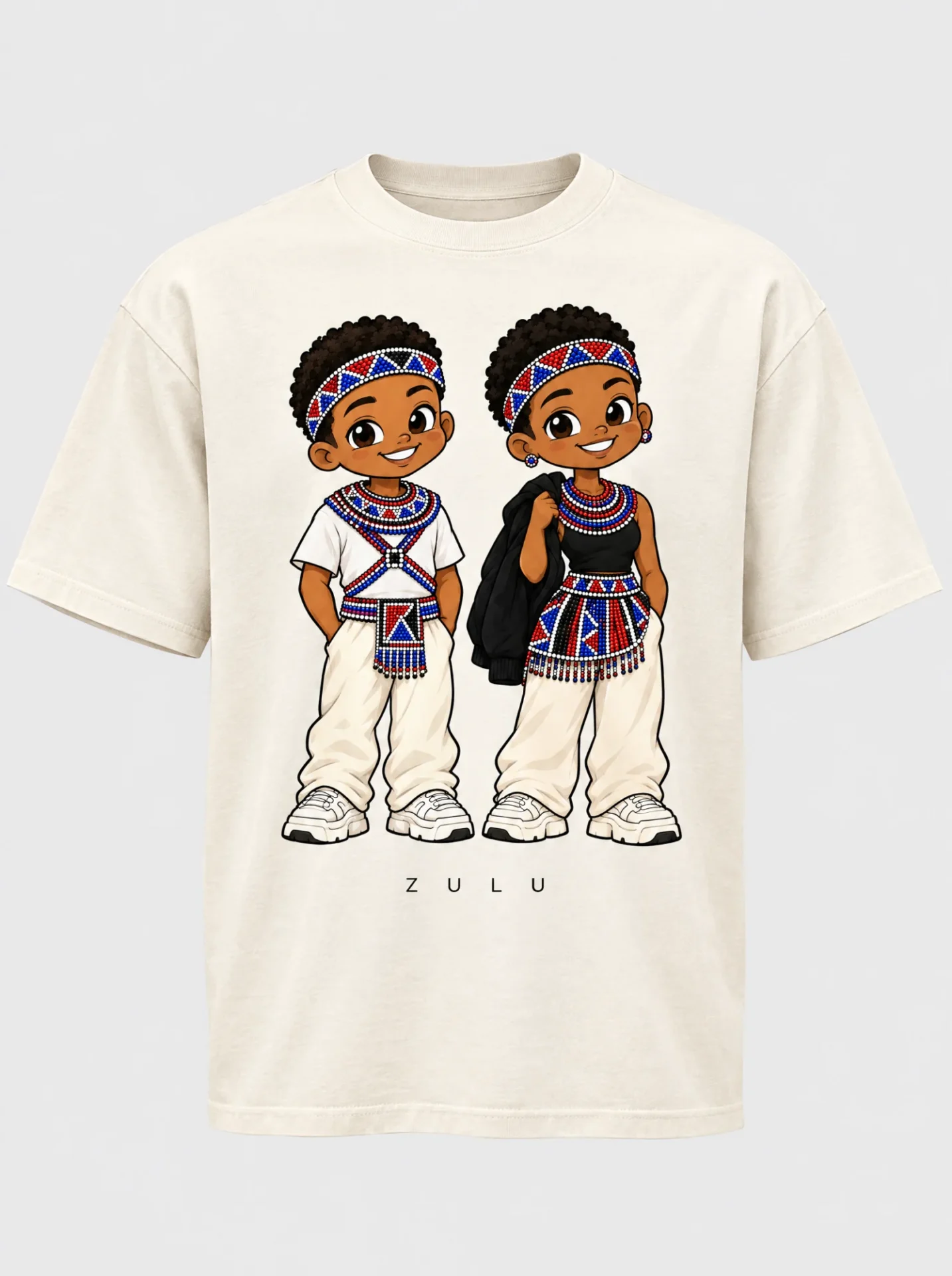 Cream heavyweight t-shirt printed with the Zulu pair of Afroriginal heritage characters