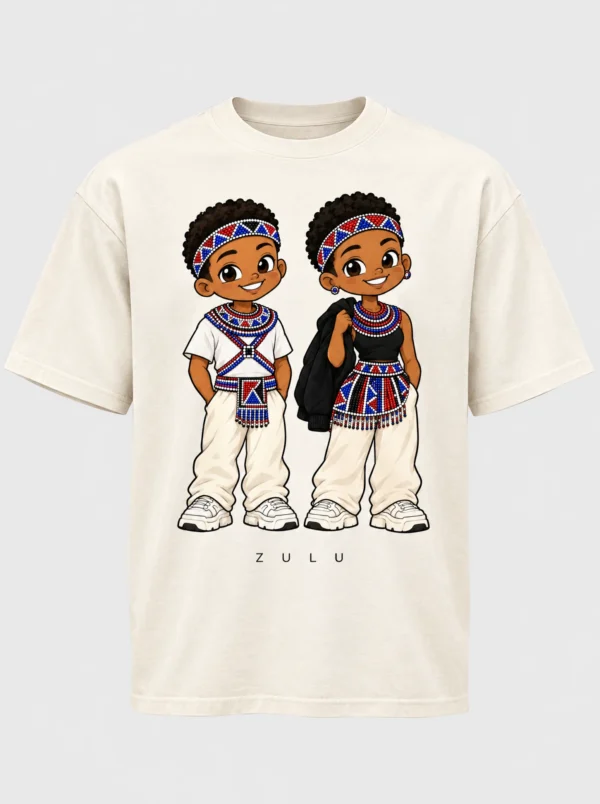 Cream heavyweight t-shirt printed with the Zulu pair of Afroriginal heritage characters