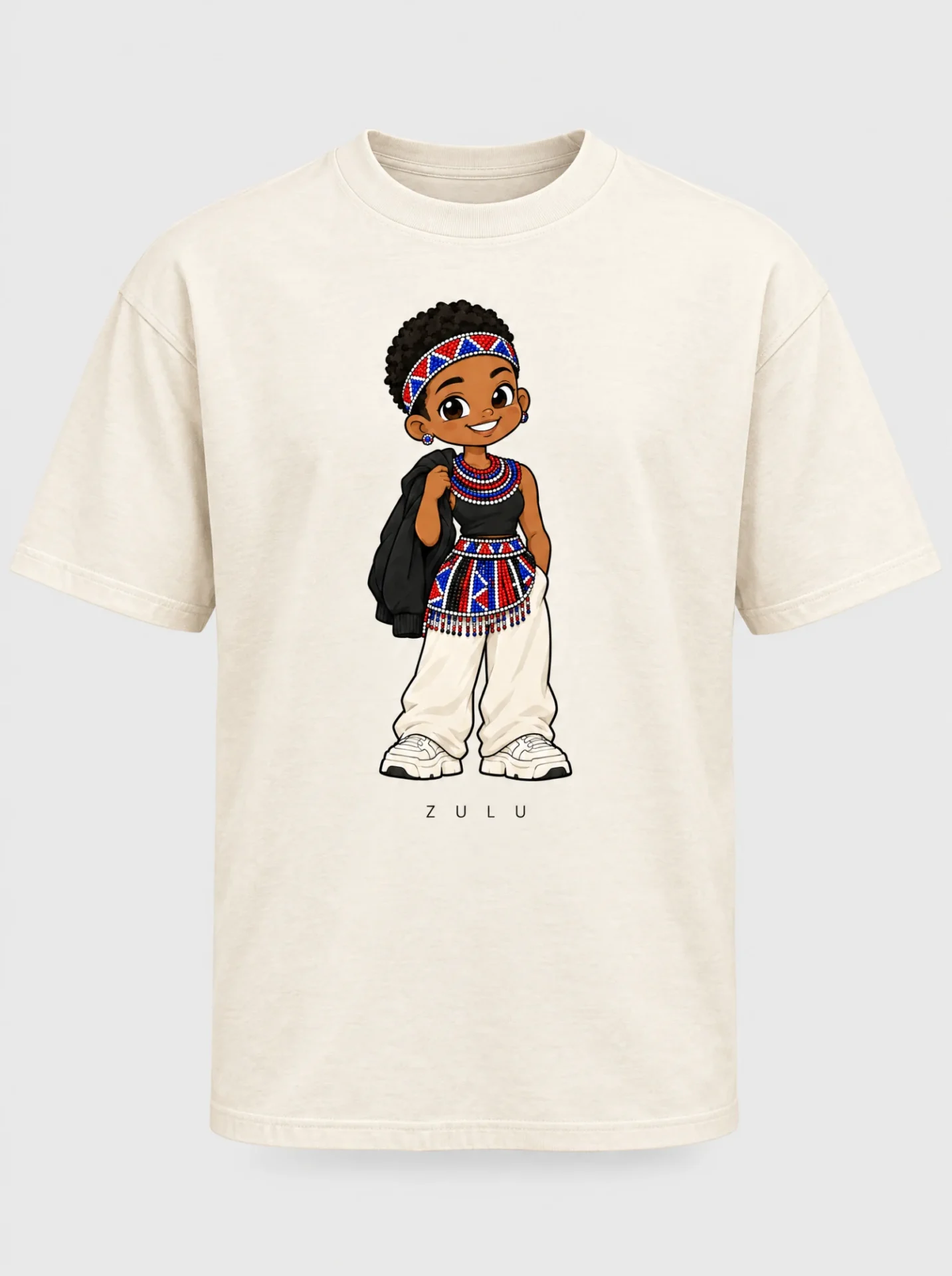 Cream heavyweight t-shirt printed with the Zulu woman character from the Afroriginal heritage series