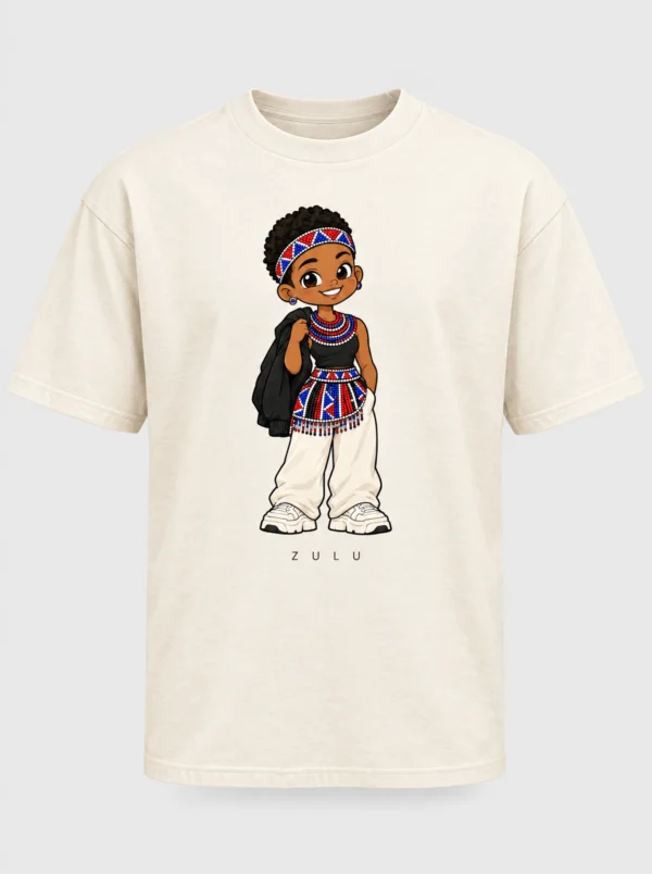 Cream heavyweight t-shirt printed with the Zulu woman character from the Afroriginal heritage series