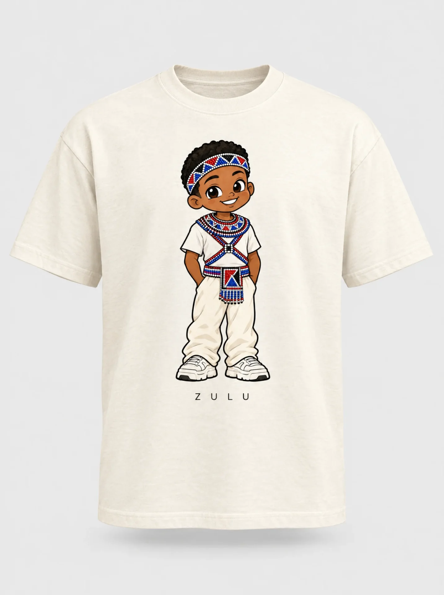 Cream heavyweight t-shirt printed with the Zulu man character from the Afroriginal heritage series