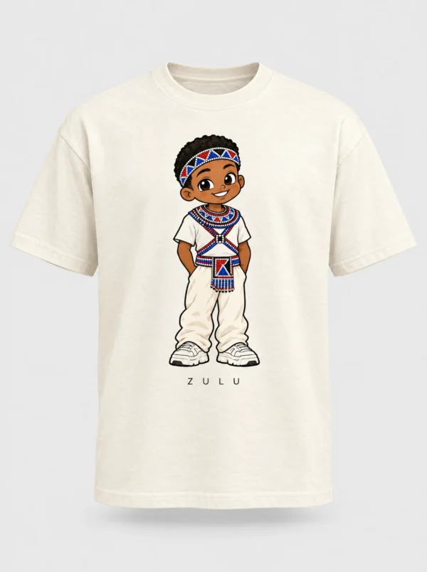Cream heavyweight t-shirt printed with the Zulu man character from the Afroriginal heritage series